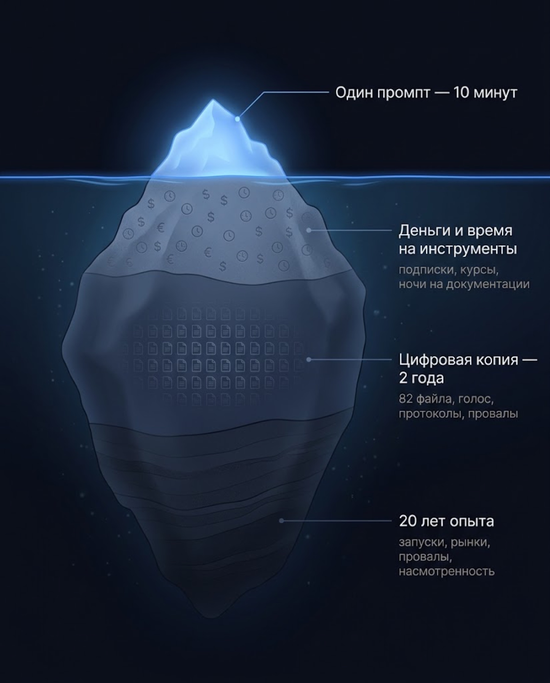 Развёрнутая инфографика-айсберг: вершина «один промпт — 10 минут» над водой, под водой три слоя — деньги и инструменты, цифровая копия за 2 года, 18 лет опыта